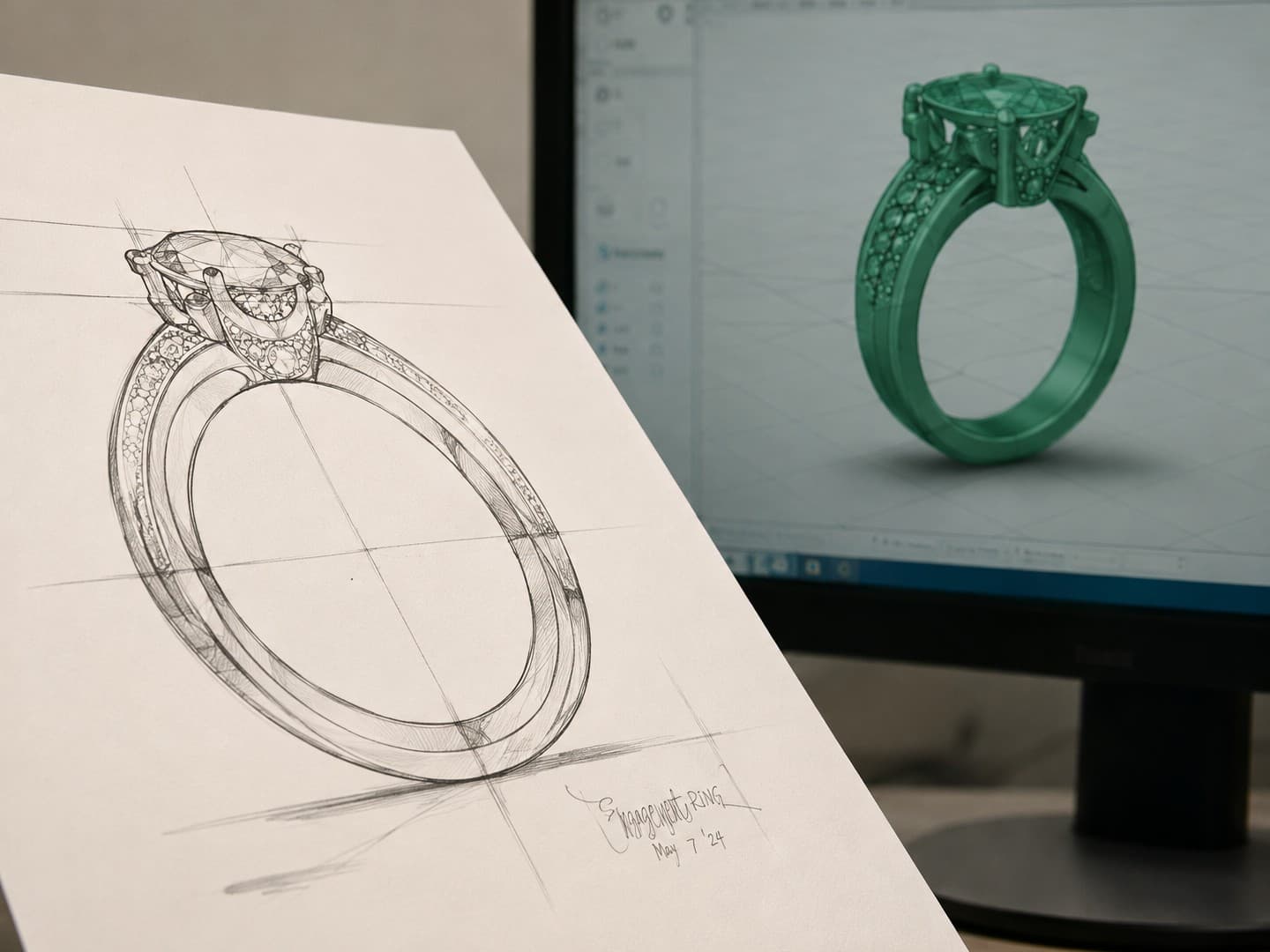 A hand-drawn ring sketch beside its precise CAD model on screen