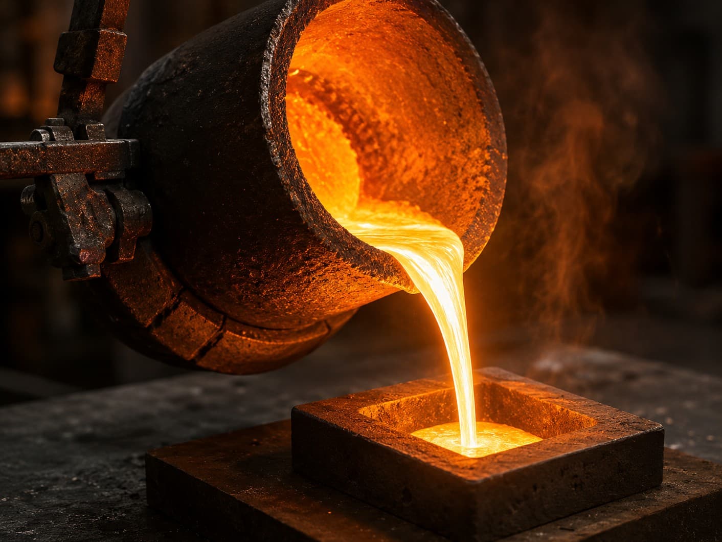 Molten gold being poured into a mould during casting