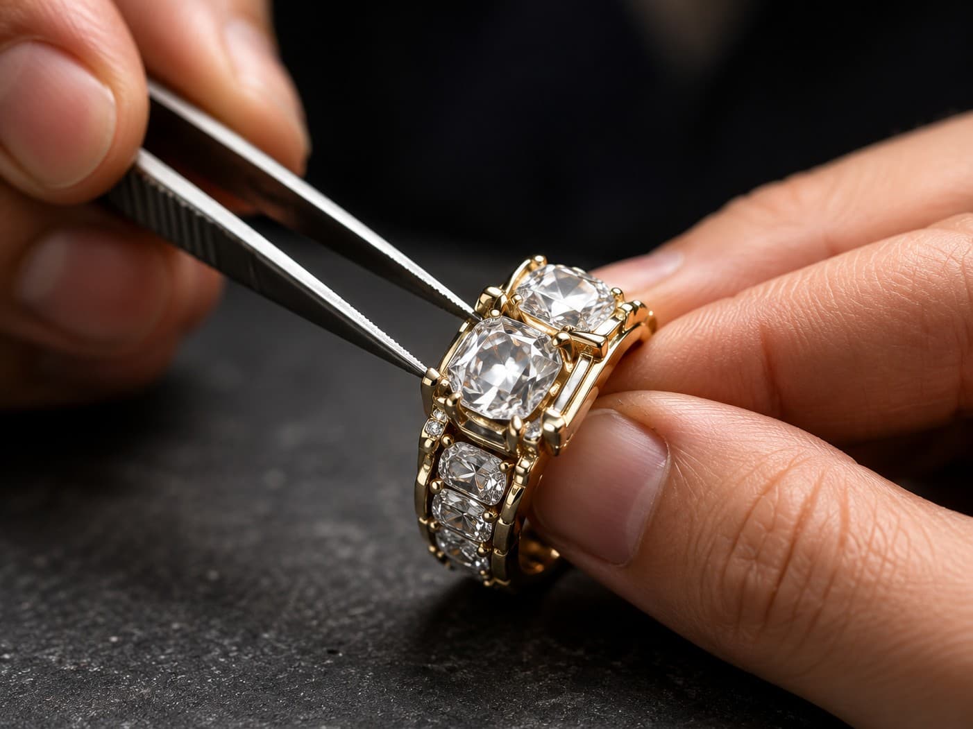A setter placing a diamond into a ring with tweezers