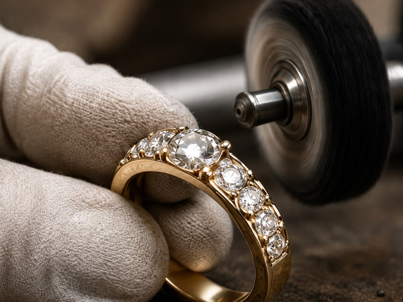 A gold ring being polished on a bench wheel