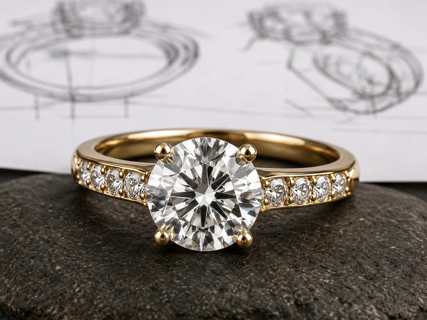 A bespoke solitaire engagement ring on a stone surface