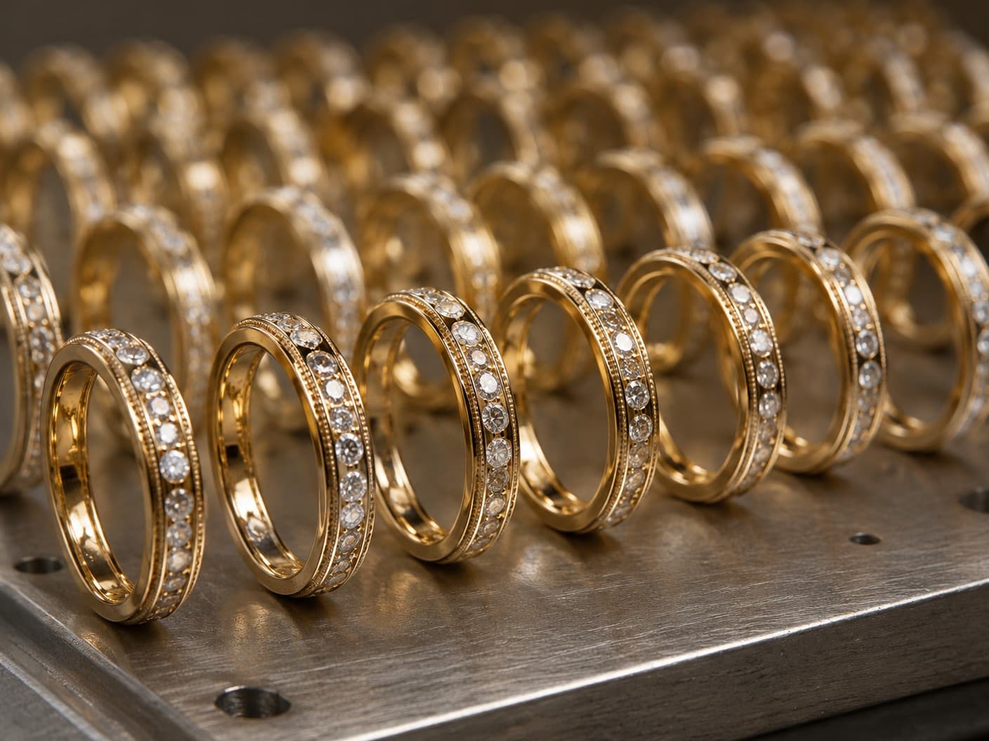 Rows of matching diamond rings from a wholesale production run