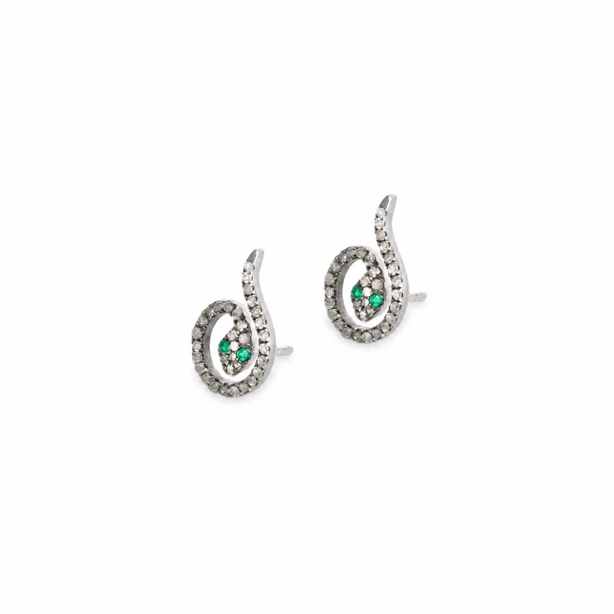 Silver Diamond & Emerald Snake Earrings