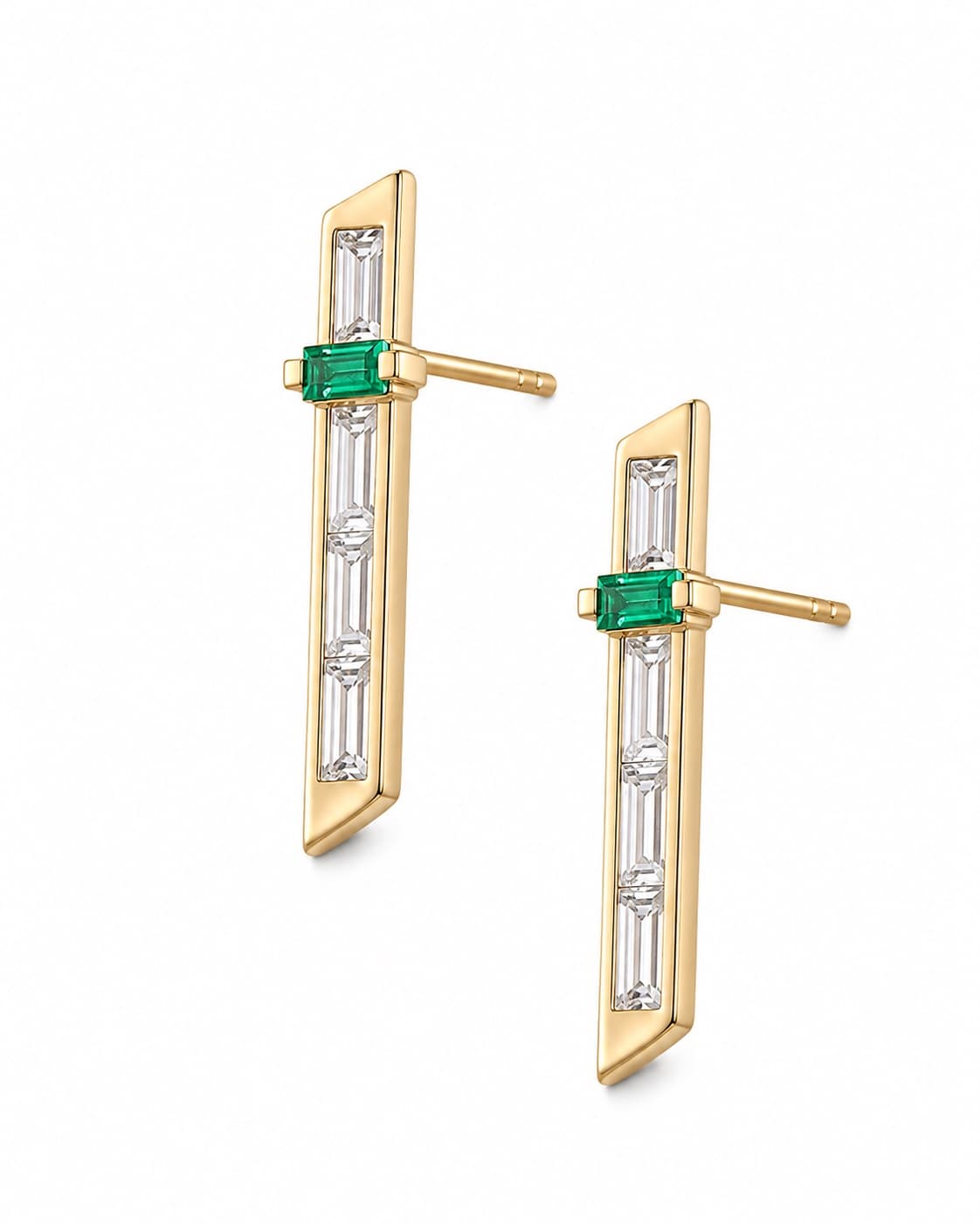 Emerald Baguette Bar Stud Earrings