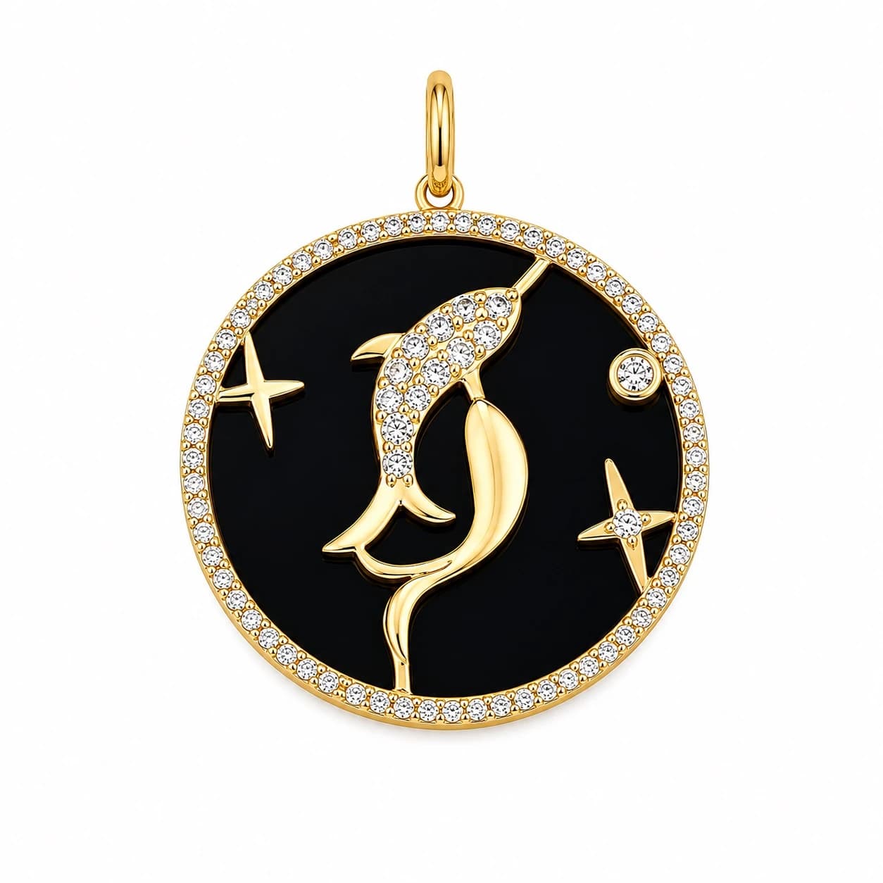 Diamond Black Onyx Pisces Zodiac Sign Pendant