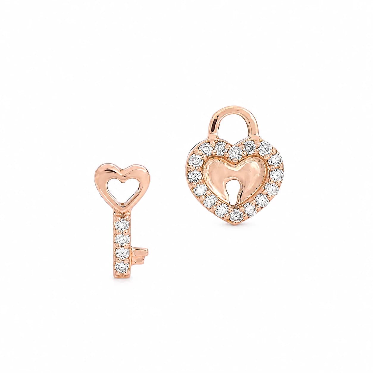 Heart & Key Diamond Stud Earrings