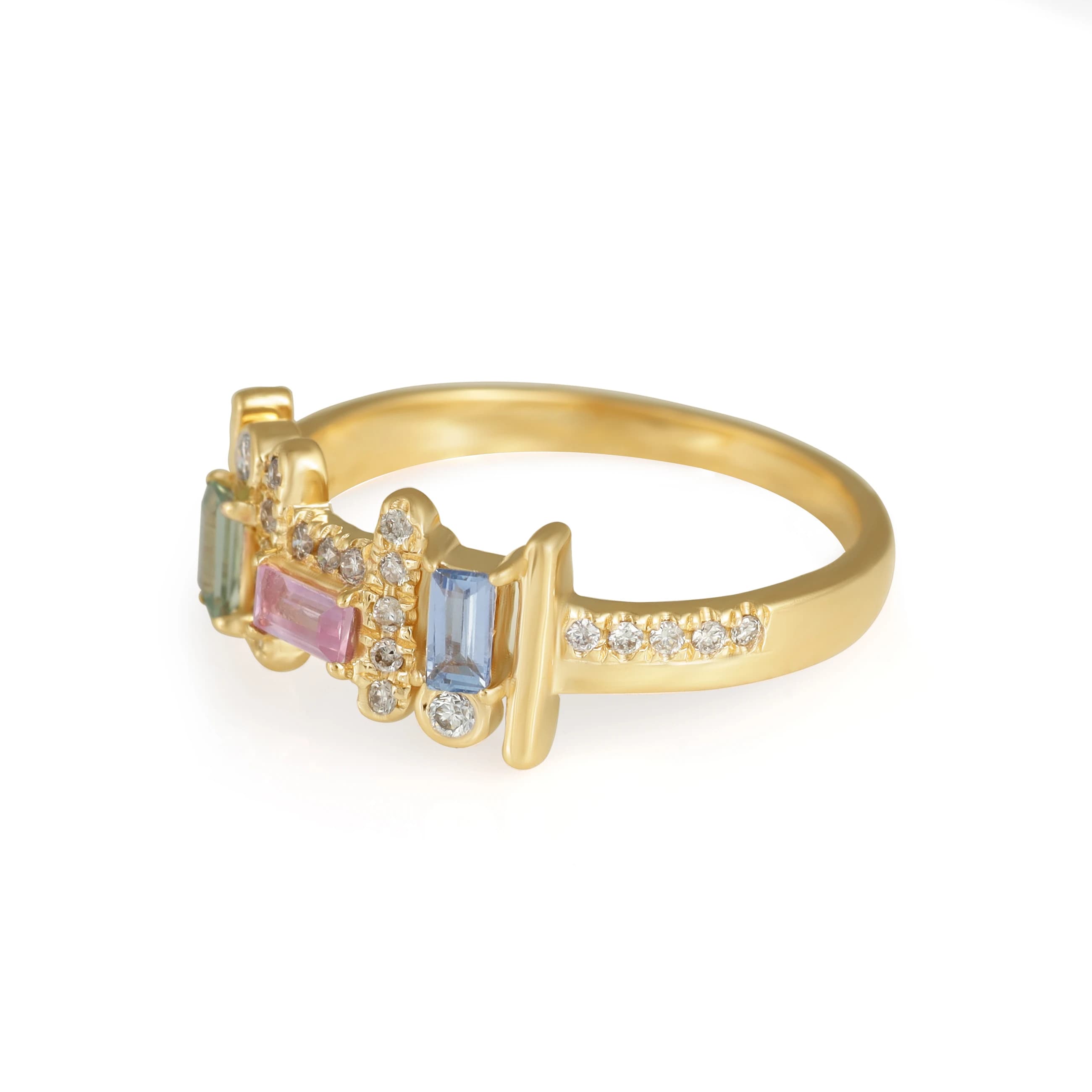 Multi Sapphire Baguette Diamond Gold Ring