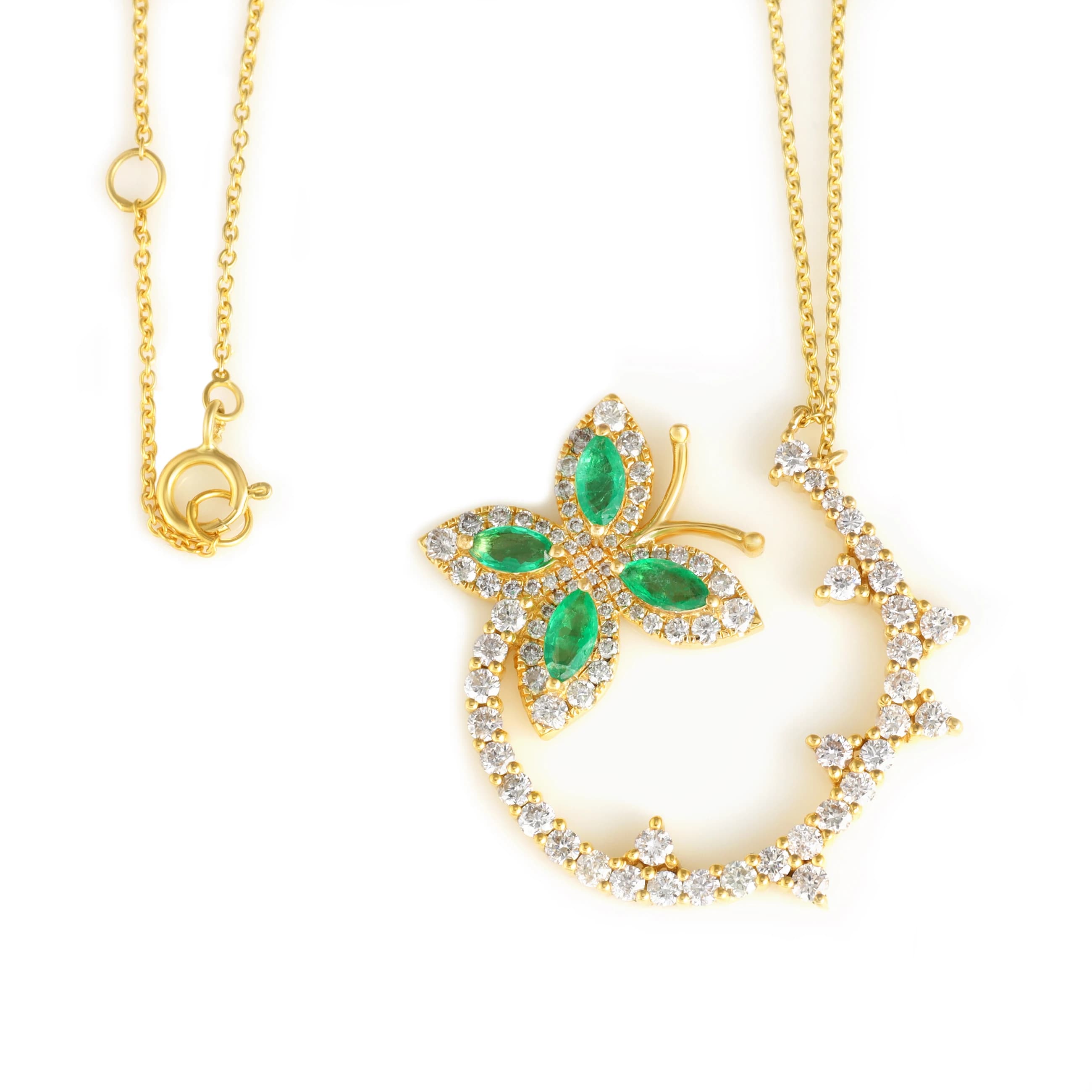 Diamond & Emerald Floral Crescent Gold Necklace