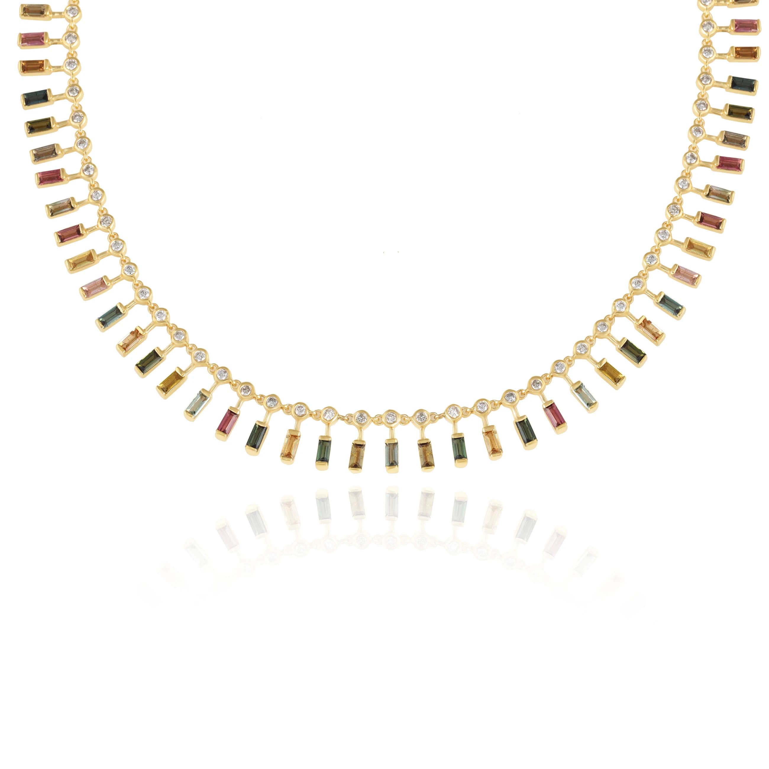 Diamond & Multi Sapphire Baguette Fringe Necklace